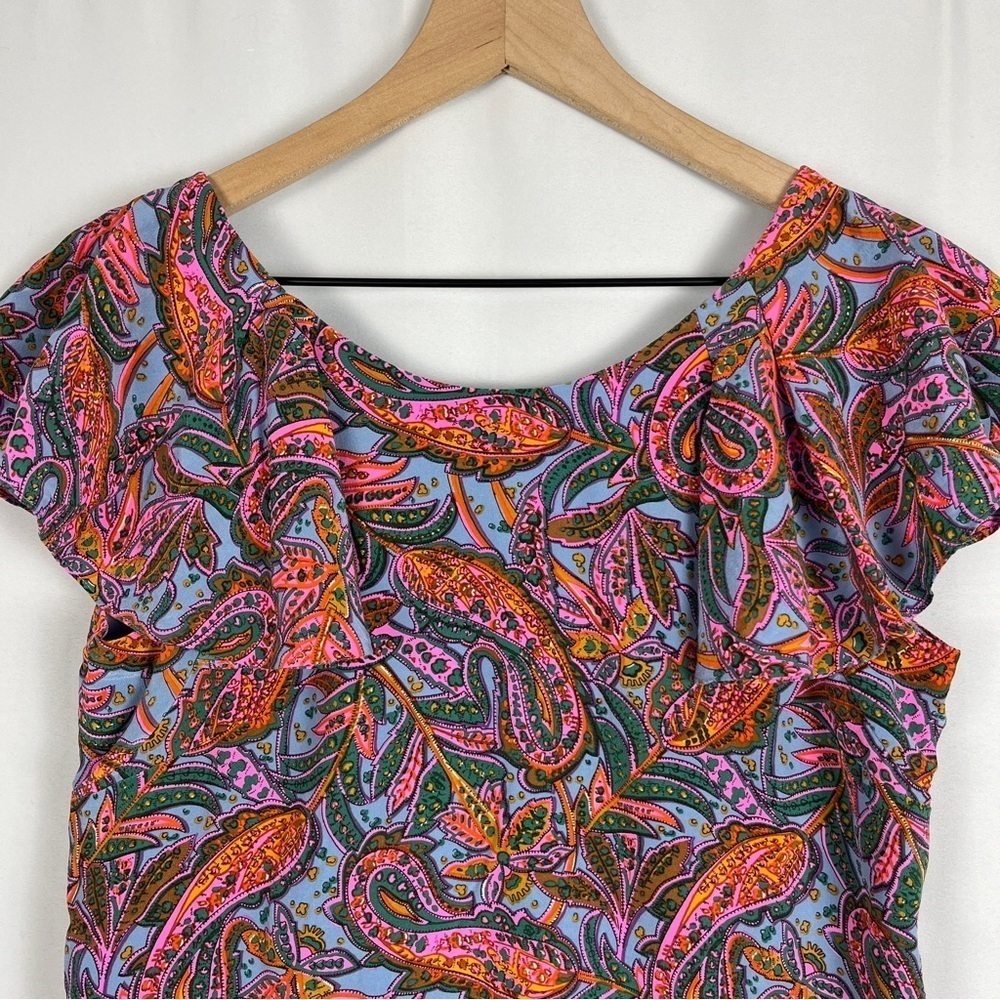 J. CREW Pink Blue Paisley 100% Silk Cap Flutter Sleeve Mini Dress Size 2 Petite - Picture 6 of 14